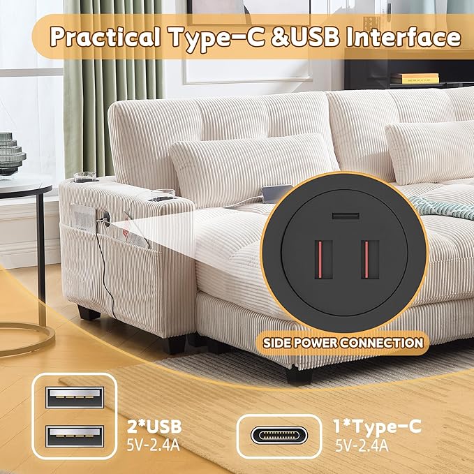 ERYE Oversized Loveseat Sectional Double Lounge Chaise Convertible Sleeper Sofabed, Corduroy Sleeper Loveseat Daybed Indoor Recliner Chair Sofa Bed W/Cupholders & Adjustable Headrests for Living Room