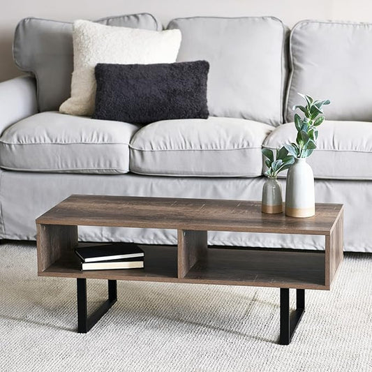 Household Essentials Jamestown TV Stand Coffee Table with Rectangular Storage Compartments Ashwood Rustic Wood Grain and Black Metal