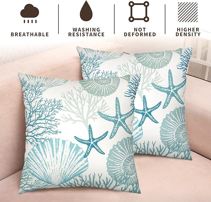 Nautical Coastal Blue Throw Pillow Covers 20x20 Set of 2 Summer Turquoise Teal Beach Outdoor Pillow Cover Coral Seashell Starfish Ocean Decorative Pillow Cases for Living Room Couch Sofa