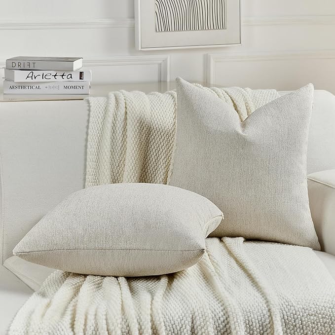 FUTEI Natural Wood Chenille Decorative Throw Pillow Covers 22x22 Inch Set of 2,Soft Cozy Faux Linen Textured Cushion Case,Farmhouse Home Decor for Couch Living Room