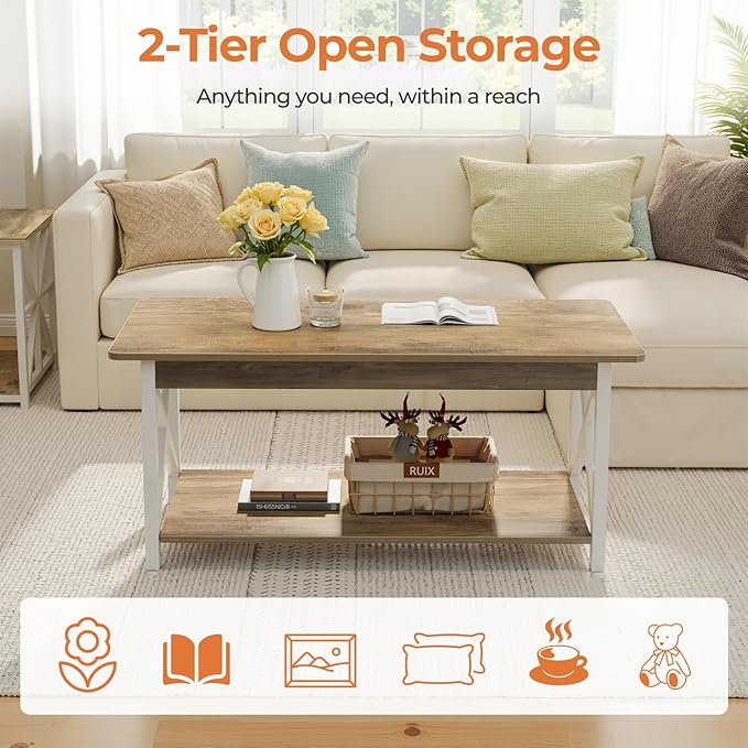GreenForest Farmhouse Coffee Table with Round Corner, 39.4'' Living Room Table with 2 Tier Storage Shelves, X-Frame Sturdy Center Table Space Saving Easy Assembly, Gray Wash