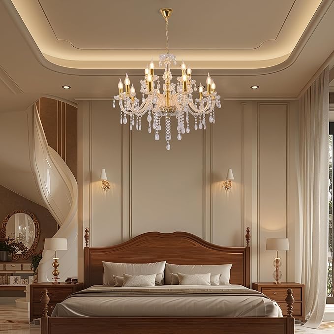 YYSHCHEN Gold Large Crystal Chandelier,30.7" Classic Large Chandelier for Dining Room, Living Room,Bedroom,Hallway,High Ceilings 15 Lights.