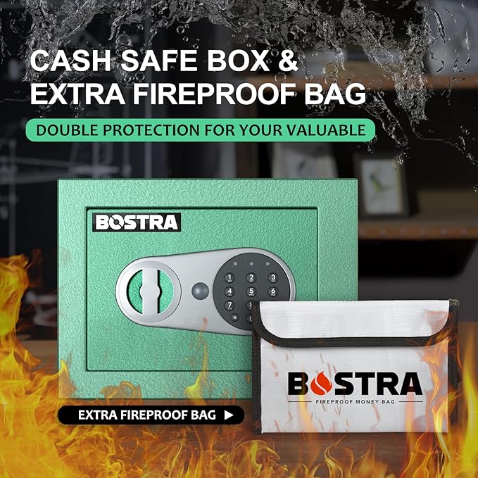 Bostra Fireproof Safe Box with Sensor Light & Fireproof Bag, Digital Keypad, Home Security Safe for Cash & Jewelry - Green, 0.23 Cubic Small