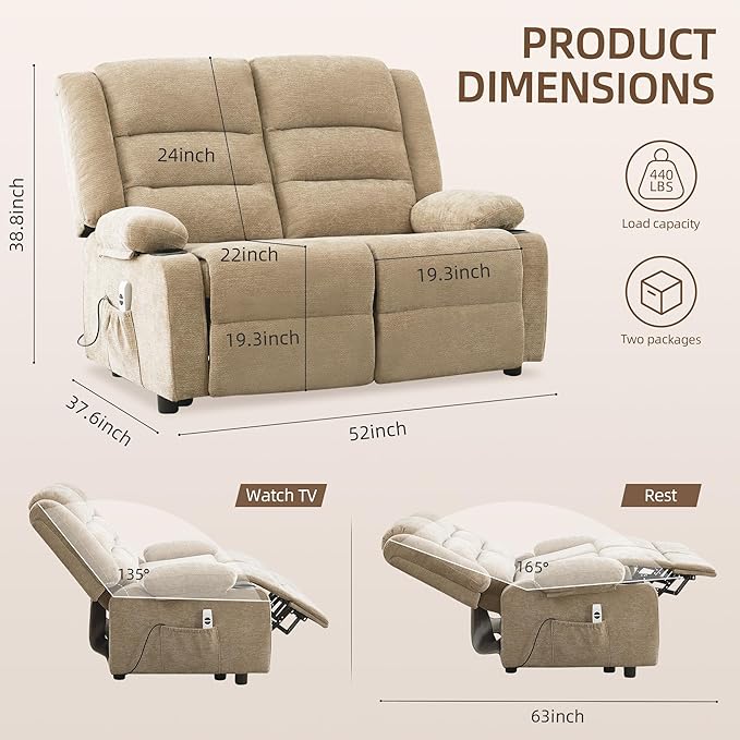 52Inch Power Loveseat Recliner,Electric Reclining Loveseat Sofa,Adjustable Love seat Recliner Sofa for Living Room,Bedroom with Charging Ports (Brown)