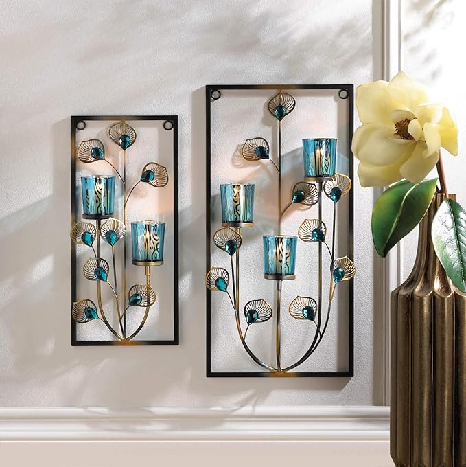Zingz & Thingz Exotic Peacock Plume Collection Tealight & Candle Lighting, 9.5x4x18.75, Framed Wall Sconce Trio