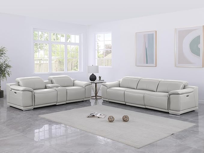 Blackjack Furniture Venice Top Grain Italian Leather Power Recline 6 Piece 5 Seater Sofa - 107" Theater Seating Modern Couch for Living Room Lounge with Adjustable Headrests & USB Port, Light Grey