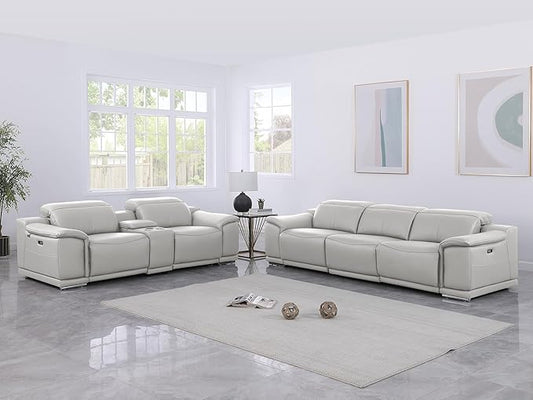 Blackjack Furniture Venice Top Grain Italian Leather Power Recline 6 Piece 5 Seater Sofa - 107" Theater Seating Modern Couch for Living Room Lounge with Adjustable Headrests & USB Port, Light Grey