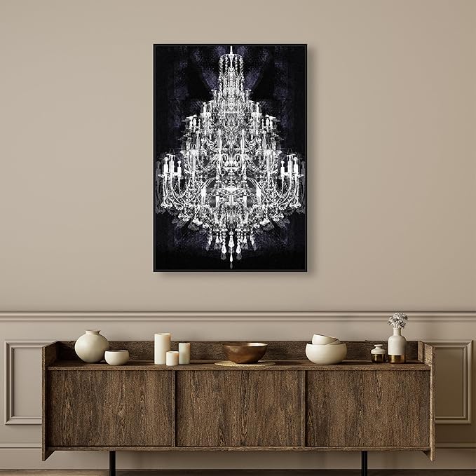 The Oliver Gal Artist Co. Fashion and Glam Framed Wall Art Canvas Prints 'Montecarlo Crystal' Chandeliers Home Décor, 30" x 45", White, Black