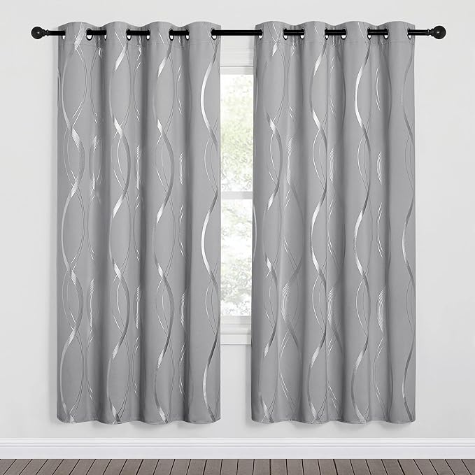 NICETOWN Blackout Curtains for Bedroom, Noise Reducing Thermal Insulated Wave Line Foil Print Design Blackout Curtains for Patio Sliding Glass Door (2 Panels, 52 x 72 Inch, Silver Gray)