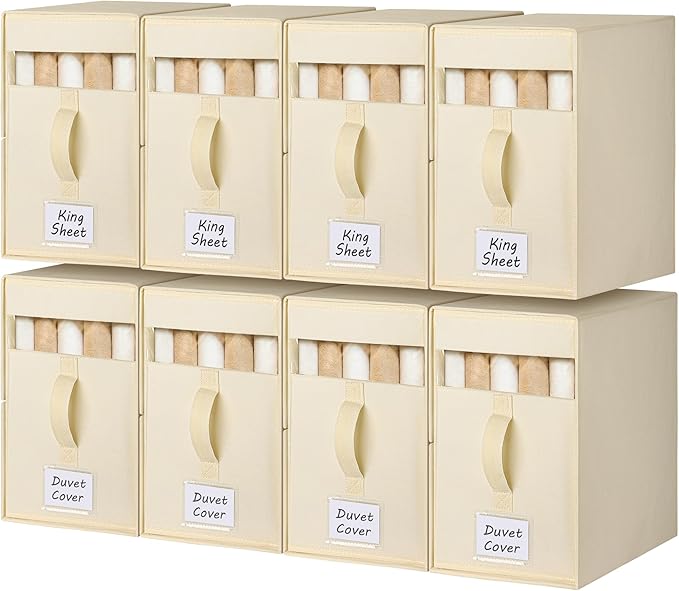 8 Pack Large Bed Sheet Organizers and Storage, (King & Queen Size) Sheet Organizer for Linen Closet, Foldable Bedding Storage Box with Window for Bedsheets, Blanket, Duvet Cover and Pillowcase