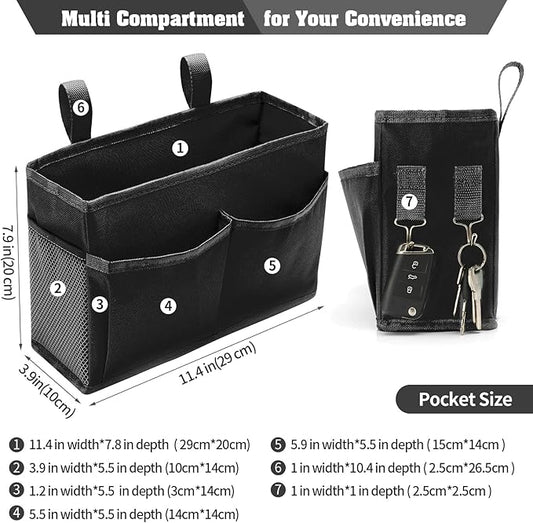 Bseash Bunk Bed Organizer, Bedside Caddy Hanging Bed Organizer Storage Bag with 4 Pockets and 2 Hooks, for College Dorm Rooms Bed, Hospital Bed, Baby Bed Rails, 600D Oxford Cloth (Black)