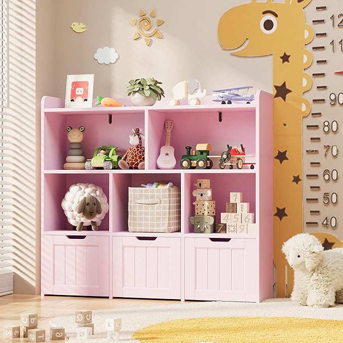 Gizoon Toy Storage Cabinet and Kids Bookcase with 3 Movable Drawers and 6 Open Shelves Featuring Fall Prevention Barrier for Playroom Nursery Kids Room Organization, Pink