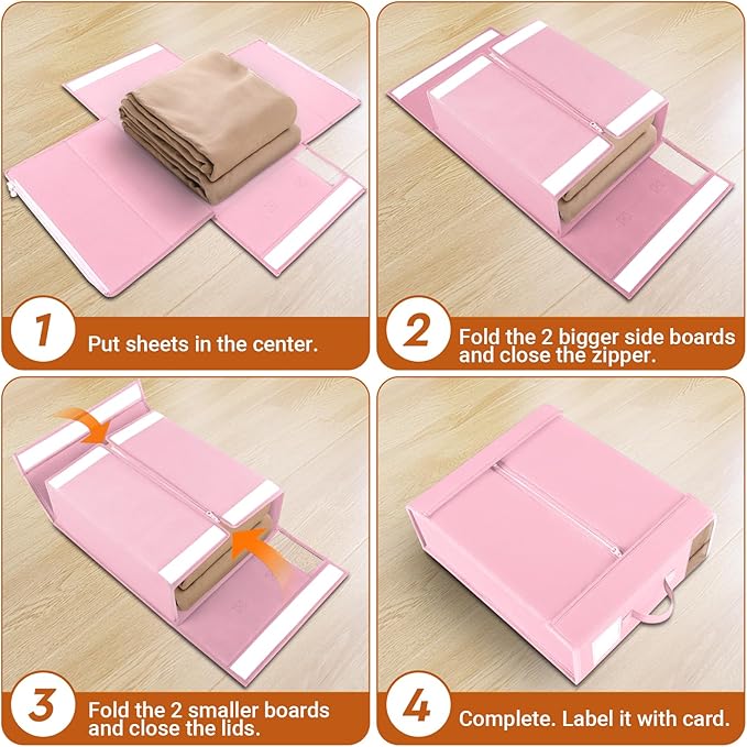 4 Pack Bed Sheet Closet Organizers and Storage,Sturdy Foldable Storage Containers with Window and Label,Storage and Organization for Bedding Sheets,Duvet Covers,Blankets (Pink)