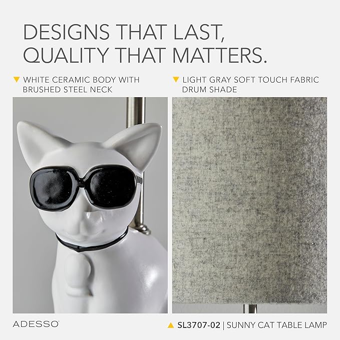 Adesso Sunny Cat Table Lamp – White Ceramic Novelty Lamp for Bedroom and Office Lighting or Living Room Décor, 18” x 10”