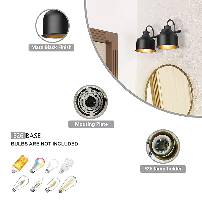 Bathroom 2-Light Vanity Fixture Farmhouse Wall Sconce with Matte Black Metal Shade Industrial Wall Lights for Bedroom,Kitchen,Living Room,Hallway