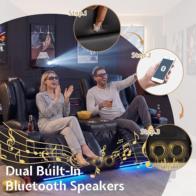 SAMERY Loveseat Recliner Sofa, Power Reclining Loveseat Sofa, Wall Hugger Recliners RV Couch with Console, Lift-Top Table, Rhythm & Ambient LED Lights, USB-C, Outlets, Faux Leather, Black | Extra Wide Seat, Plush Padding, Dual Power Recline, Lift-Up Ta...