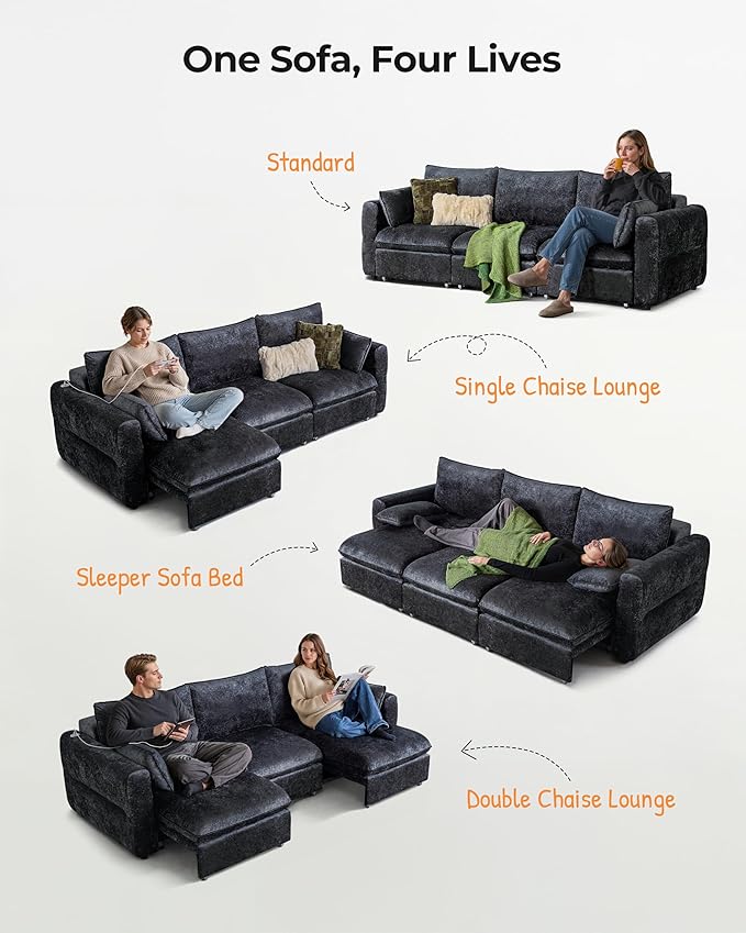 103" Electric Pull Out Sleeper Sofa Bed, 2in1 Convertible Power Extendable Couch Bed with Fast Charging USB&3 Smart Motor&Wide Back, Oversized Couches for Living Room&Small Space, Velvet Dark Grey | Electric Extendable, Stepless Adjustment, Fast-Chargi...