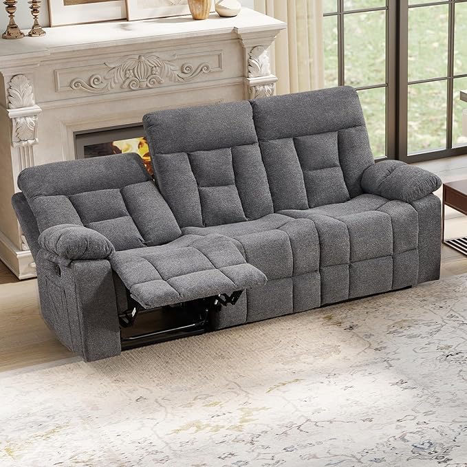 EBELLO Reclining Sofa for Living Room, Extra Wide Modern Overstuffed 3 Seat Recliner Manual Sofa with Hidden Armrest Cup Holders, Soft Breathable Fabric and Padded Seat, Light Grey