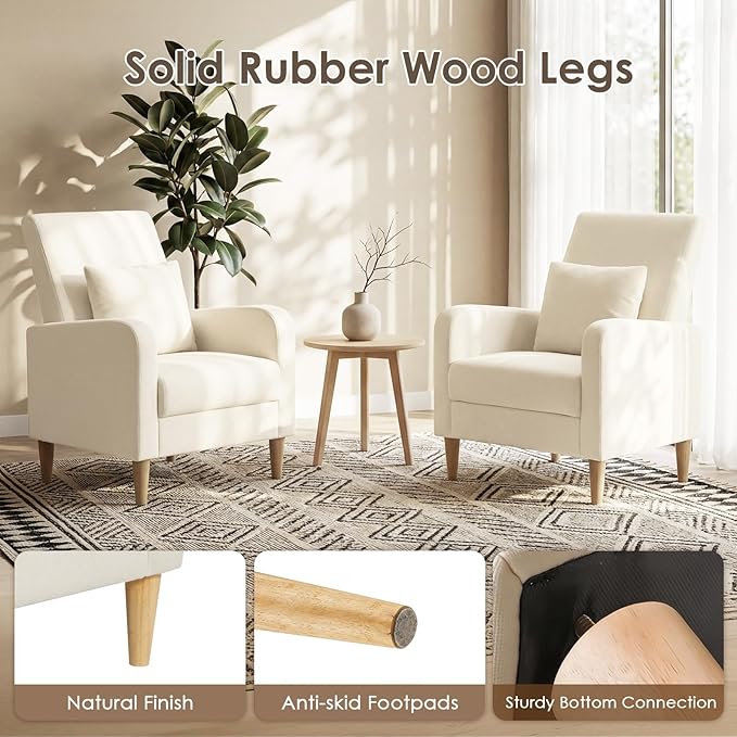 COLAMY Mid-Century Modern Upholstered Accent Chair with Back Pillow & Solid Wood Legs, Fabric Cozy Armchair for Living Room, Bedroom, Reading Nook, Apartment & Small Spaces, White