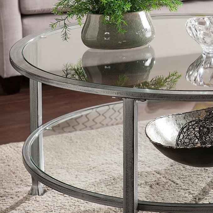 SEI Furniture Jaymes Metal & Glass 36" Round 2-Tier Coffee Table, Silver/Black Distressing