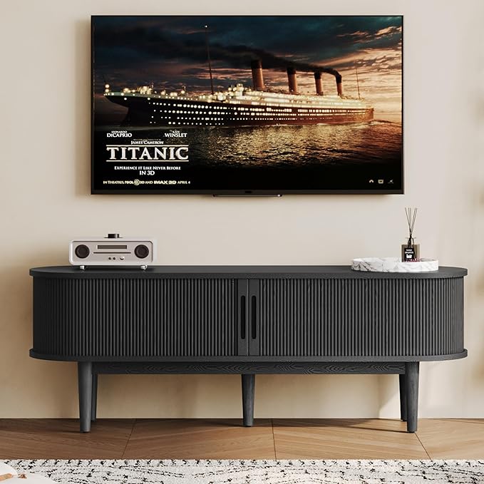 LINSY HOME 58" Fluted TV Stand for TVs up to 65 Inch, Mid Century Modern Entertainment Center with Storage Cabinet and Sliding Doors, Farmhouse Wood Media TV Console for Living Room, Bedroom, Black