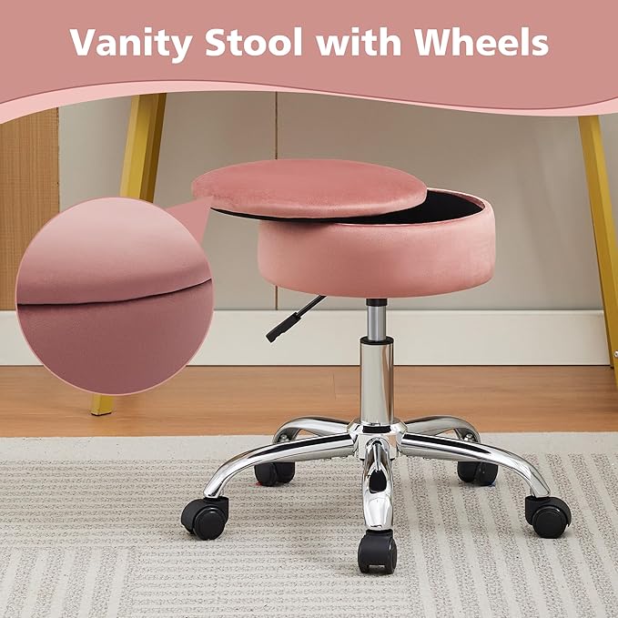 Adjustable Vanity Stool with Storage Rolling Vanity Chair with Wheels Swivel Vanity Stool Chair for Vanity Makeup Stool Pink
