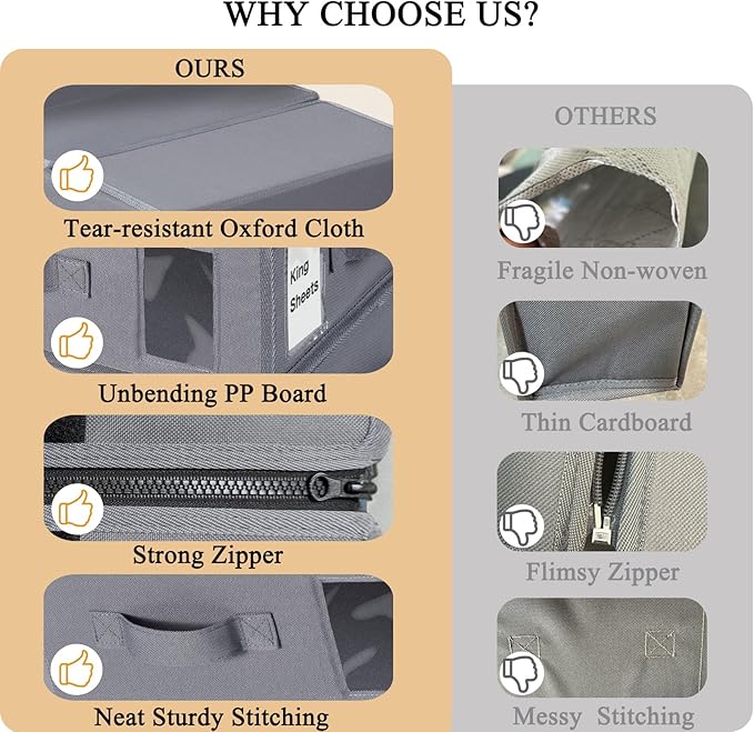 combocube 4 Pack Foldable Bed Sheet Storage Organizer Box for Linen Closet, with Window and Label, King or Queen Size Bedding Storage Boxes, Space Saving Container with Zip for Sheets, Covers, Clothes