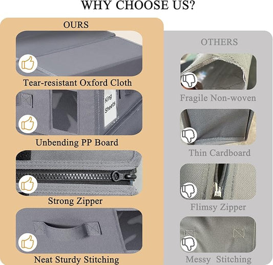combocube 4 Pack Foldable Bed Sheet Storage Organizer Box for Linen Closet, with Window and Label, King or Queen Size Bedding Storage Boxes, Space Saving Container with Zip for Sheets, Covers, Clothes