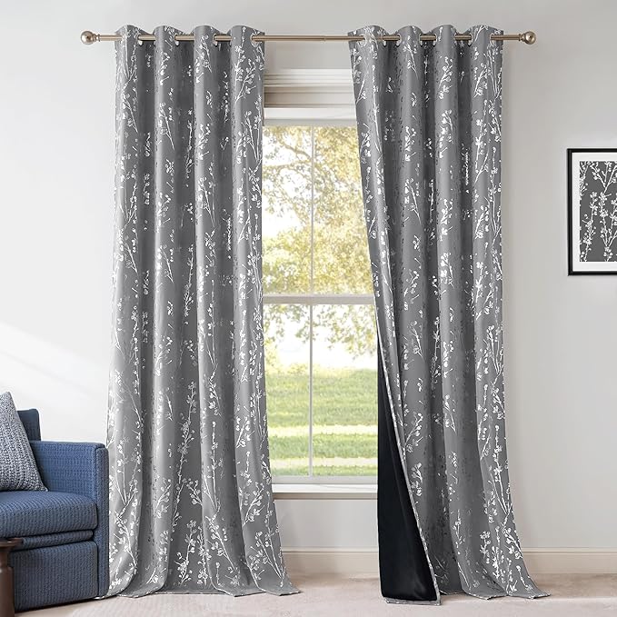 NICETOWN 100% Blackout Curtains 84 inches Long, Grommet Floral Branch Curtains Foil Printed Window Treatments Thermal Curtains for Bedroom/Living Room, Grey, W52 x L84, 2 Panels