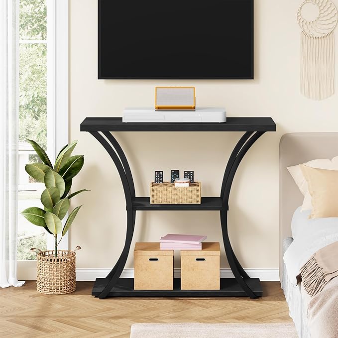 Hoctieon 3 Tier Console Table with Open Wood Shelves, Decorative Entryway Table with Curved Metal Frames, Narrow Sofa Table for Entrance, Living Room, Hallway, Black