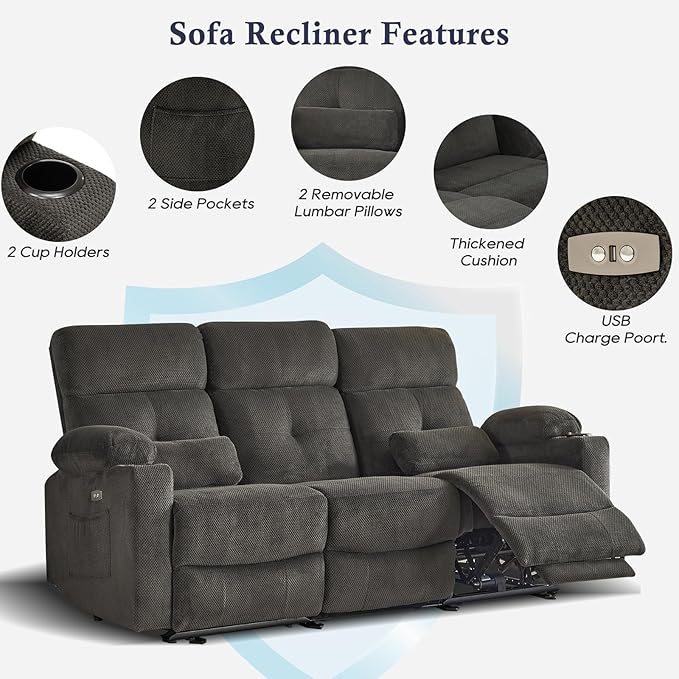 80'' Power Reclining Sofa with Heat and Massage, Electric Reclining Couch with Extended Footrest, Wall Hugger 3-Seater Recliner Sofa with USB Ports, Cup Holders for Living Room
