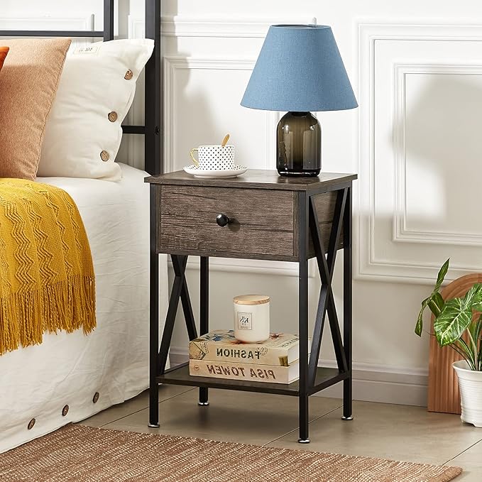 VECELO End Tables, Modern Nightstand with Drawer & Shelf, Night Stand for Bedroom Living Room,Industrial Metal Frame