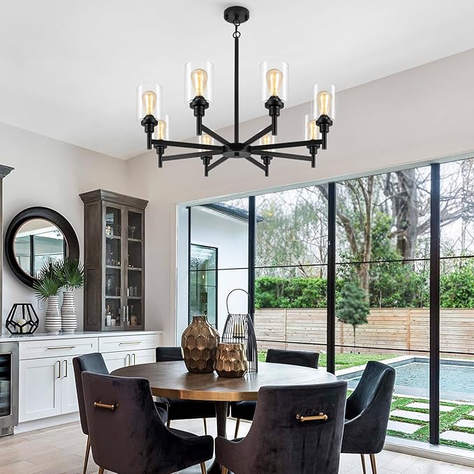 Black Chandeliers for Dining Room Light Fixture, Modern Farmhouse Chandelier, 8 Lights with Clear Glass Shade Industrial Hanging Lighting for Living Room Kitchen Island Bedroom