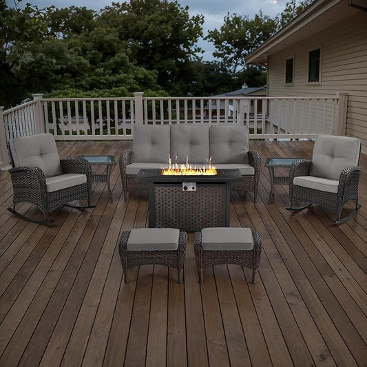 Belord Patio Furniture Set with Fire Pit Table - 8 Piece Outdoor Wicker Furniture Set with 43" 50000 BTU Propane Fire Pit and Rocking Chairs Patio Conversation Set for Deck Outside Backyard Beige