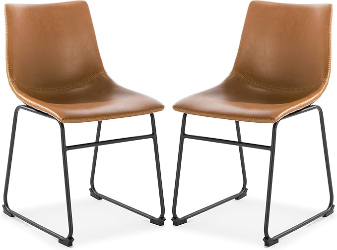 POLY & BARK Brinley Dining Chair Set of 2 - Modern Armless Dining Chairs with Gently Curved Backrest and Wood Legs - Tan - Comfortable Faux Leather Seating for Kitchen or Dining Room