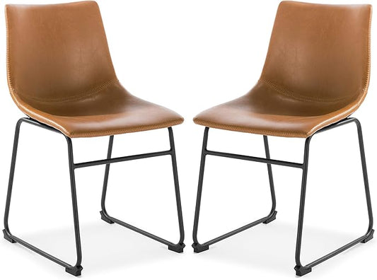 POLY & BARK Brinley Dining Chair Set of 2 - Modern Armless Dining Chairs with Gently Curved Backrest and Wood Legs - Tan - Comfortable Faux Leather Seating for Kitchen or Dining Room