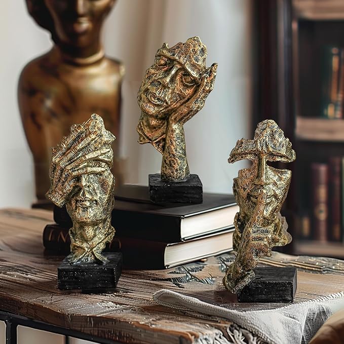3 Pcs Thinker Statue, Silence is Gold Abstract Art Figurine, Modern Home Resin Decorative Objects Decor for Home Office Bookshelf Desktop,No Hear No See No Speak Knick Knacks