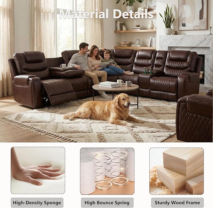 Air Leather Recliner Sectional Sofa Set, Power Reclining Sectional Couch for Living Room, L Shaped Recliner Corner Couch and Single Chair with LED Lighting, USB Port&Storage (Dark Red)
