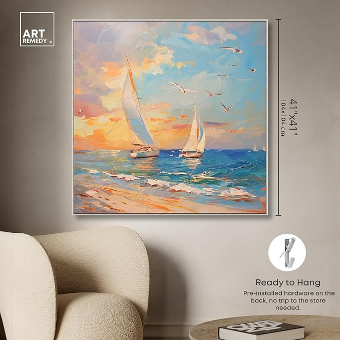 Art Remedy Sailboats In The Sunset Chic Coastal Canvas Wall Art, Silver Floater Frame, 40"x40"