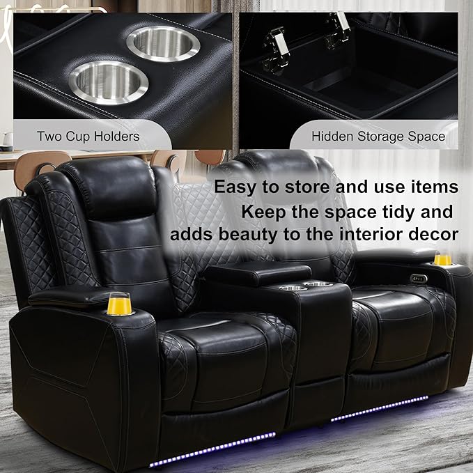 Power Recliner Sectional Sofa with LED, Breathing Leather Reclining Sectional Couch, L Shaped Couch with Dual Recliners, USB Port, Cup Holder&Storage (Black Pro, Sectional+Loveseat(8 Seats))