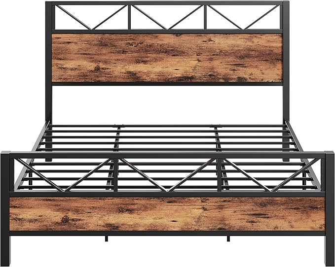 LIKIMIO King Bed Frame, Tall Industrial Headboard 51.2 ", Platform Bed Frame with Strong Metal Support, Solid and Stable, Noise Free, No Box Spring Needed, Easy Assembly, Vintage Brown