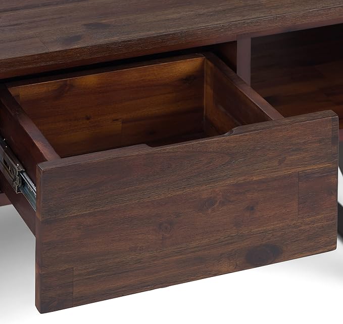 SIMPLIHOME Lowry Coffee Table - 48 inch Wide Solid Acacia Wood and Metal Living Room Table in Distressed Charcoal Brown, Modern Industrial Cocktail Table for Family Room with Drawers and Open Storage