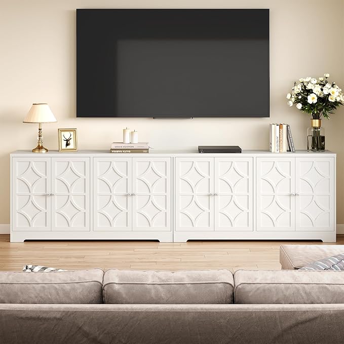 RoyalCraft 56'' Modern Kitchen Buffet Table with 4 Doors and Adjustable Shelves, Sideboard Buffet Cabinet with Storage, Wood Credenza Accent Coffee Bar Cabinet for Entryway, Living Room, Satin White