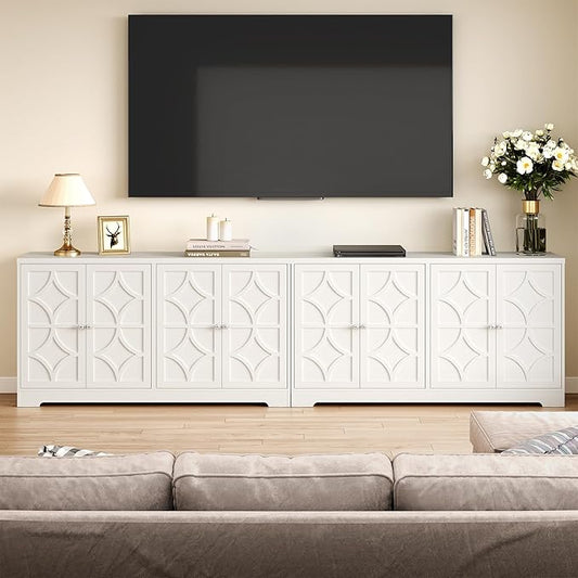 RoyalCraft 56'' Modern Kitchen Buffet Table with 4 Doors and Adjustable Shelves, Sideboard Buffet Cabinet with Storage, Wood Credenza Accent Coffee Bar Cabinet for Entryway, Living Room, Satin White