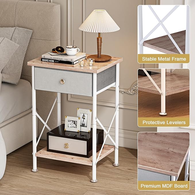 VECELO End Tables, Modern Nightstands with Fabric Drawer & Open Shelf, Side Table for Bedroom Living Room, Industrial Metal Frame, Easy Assembly, Grey,2 Pack