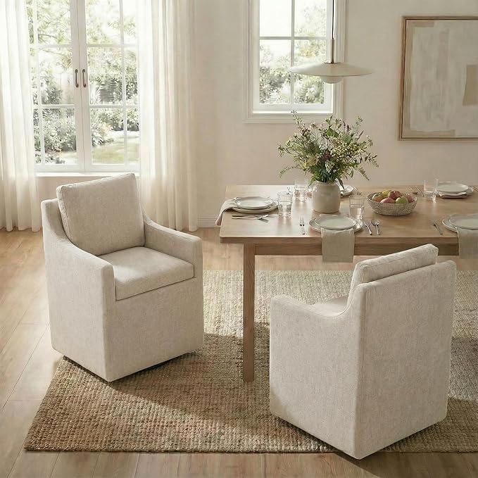 Upholstered Dining Chairs Set of 4, Modern Dining Room Chairs with Casters & Washable Cover, Rolling Accent Chair with Hidden Storage for Kitchen, Farmhouse, Living Room, Linen, 4 Box