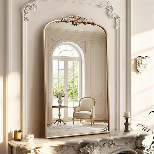 Besdomus Vintage Gold Wall Mirror: 24"x42" Large Arch Champagne Gold Antique Wall Mounted Mirror - Traditional Ornate Home Decor for Entryway/Fireplace/Bathroom - Baroque Idea for Housewife