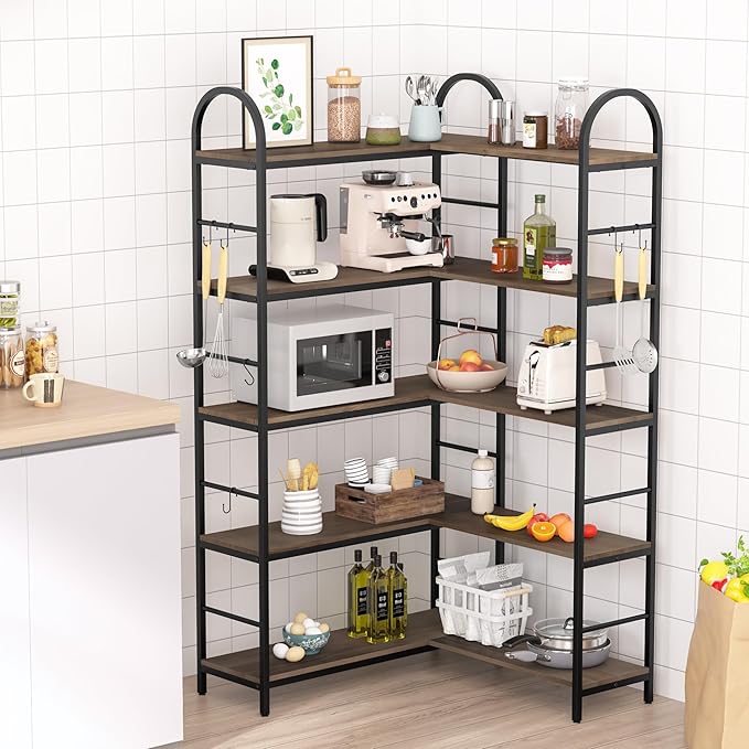 5 Tier Wooden Corner Bookshelves, 67 Inch Dark Brown Vintage Geometric Bookcase, DIY Bookcase Industrial Open Bookshelf, Heavy Duty Display Shelves Organizer for Living Room,Home Office.