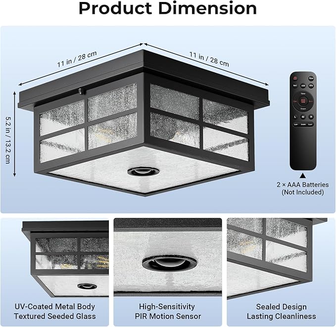 VIANIS Motion Sensor Outdoor Ceiling Light with Remote Control, 2-Light Black Modern Outdoor Flush Mount Light for Garage, Porch, Entryway, Square, Upgraded 5 Lighting Modes Adjustable Distance Time