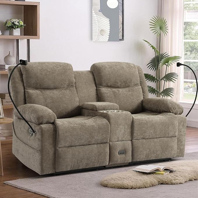 Manual Reclining Loveseat Sofa with Console, Chenille Upholstered Couch for RV, Living Room, Apartment or Office, Dual Recliners with Cup Holders, Phone Holder, Hidden Socket (Camel) | Cup Holder, Side pocket